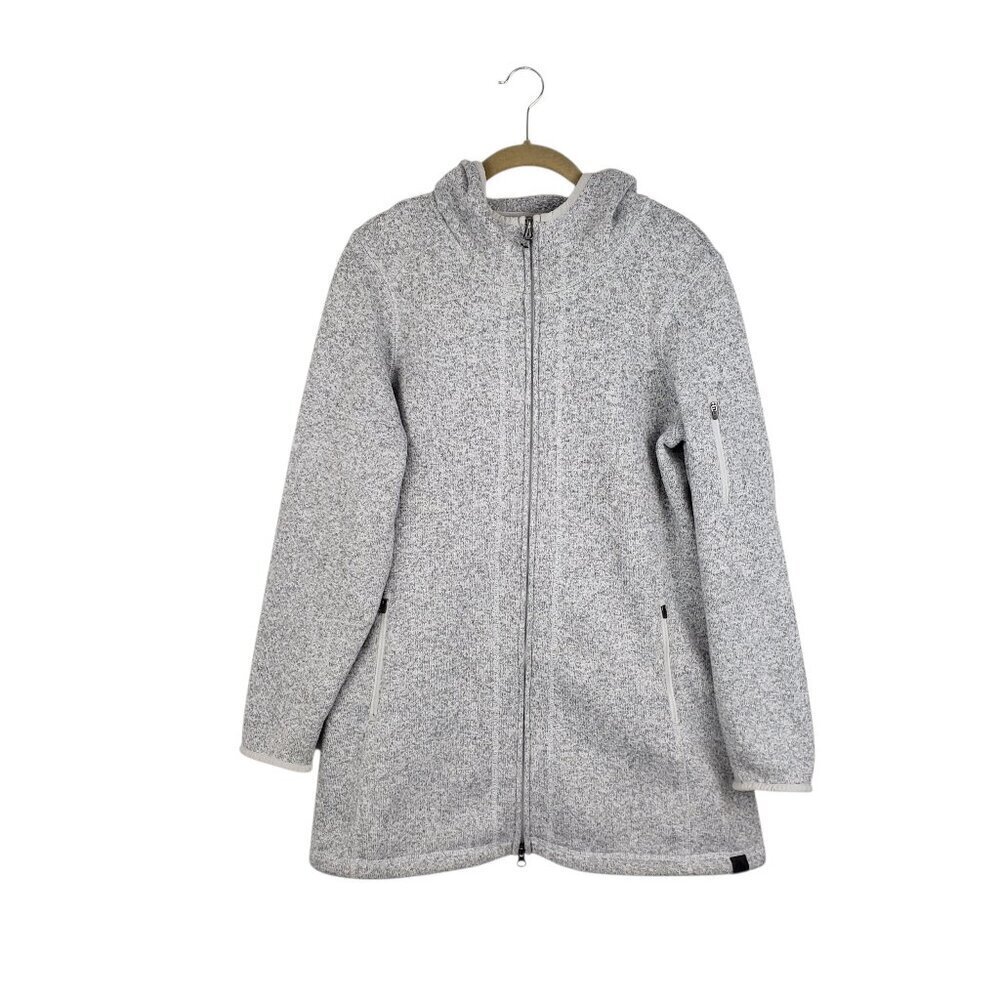 LL Bean Hooded Sweater Fleece Coat Gray Longline Full Zip Jacket Womens Size LP